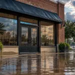 Texas business storefront with floodwater at its entrance after heavy rain (illustration for a business flood insurance guide).
