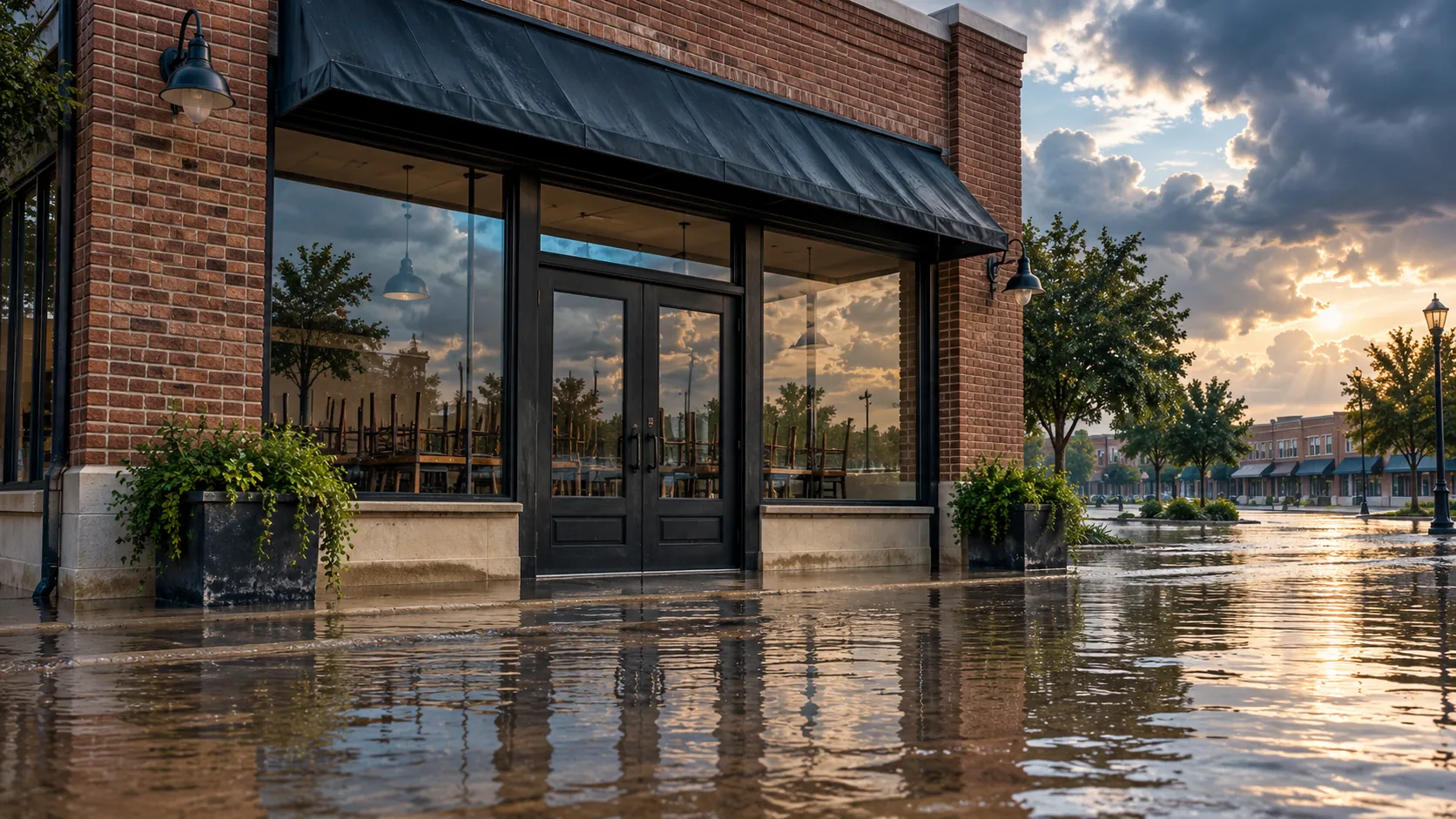 Texas business storefront with floodwater at its entrance after heavy rain (illustration for a business flood insurance guide).